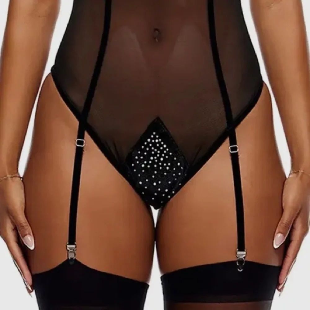 STUNNING! Black Velvet Rhinestone Sheer Bodysuit - Picture 5 of 7